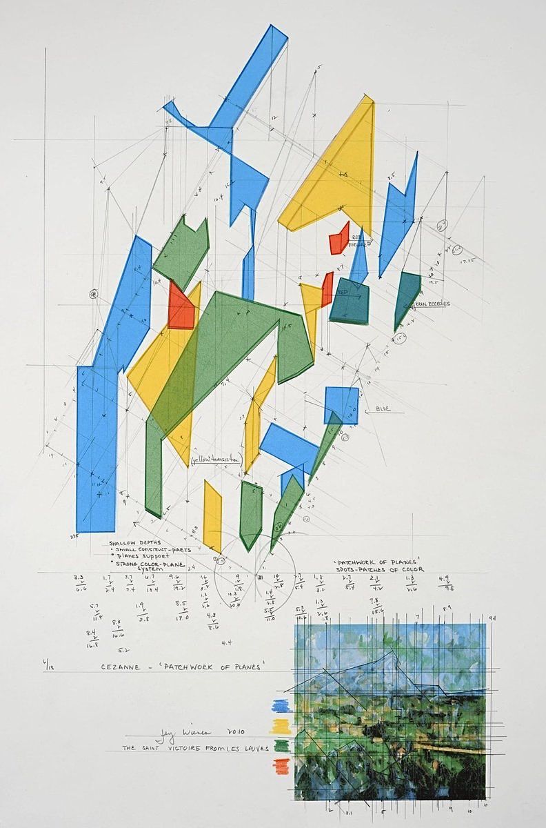 A colored study of connected planes with construction lines and handwritten notes