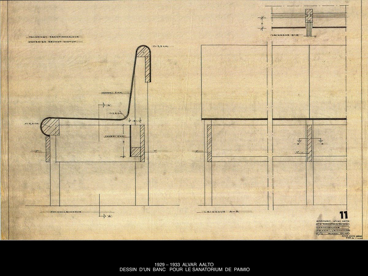 An archival furniture construction drawing showing the profile, dimensions, joinery, and structural details of a bench