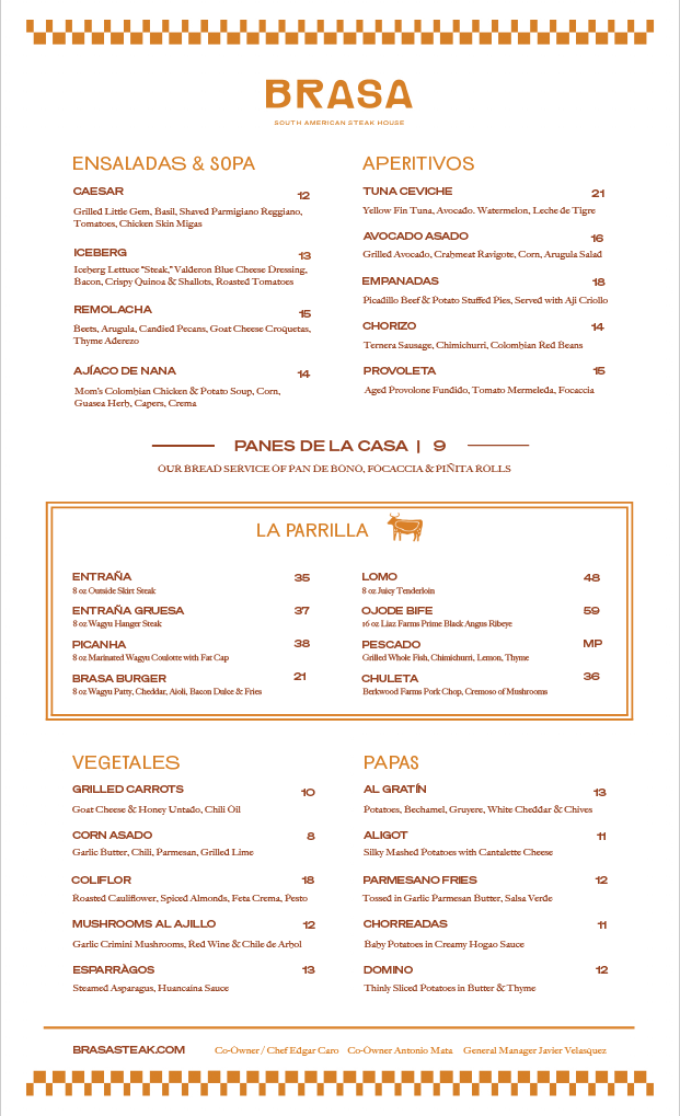 Brasa menu with warm brown type, gold checkerboard borders, and illustrated sections for grilled meats and other dishes