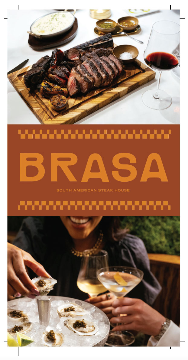 Brasa promotional rack card pairing steak and guest photography with an orange wordmark panel and a checkerboard border