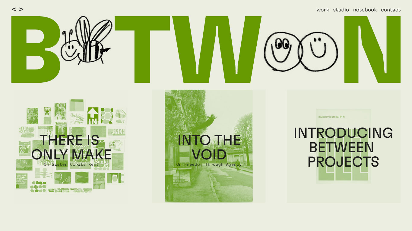 Concept Three website exploration with a green illustrated Between masthead and three editorial cards