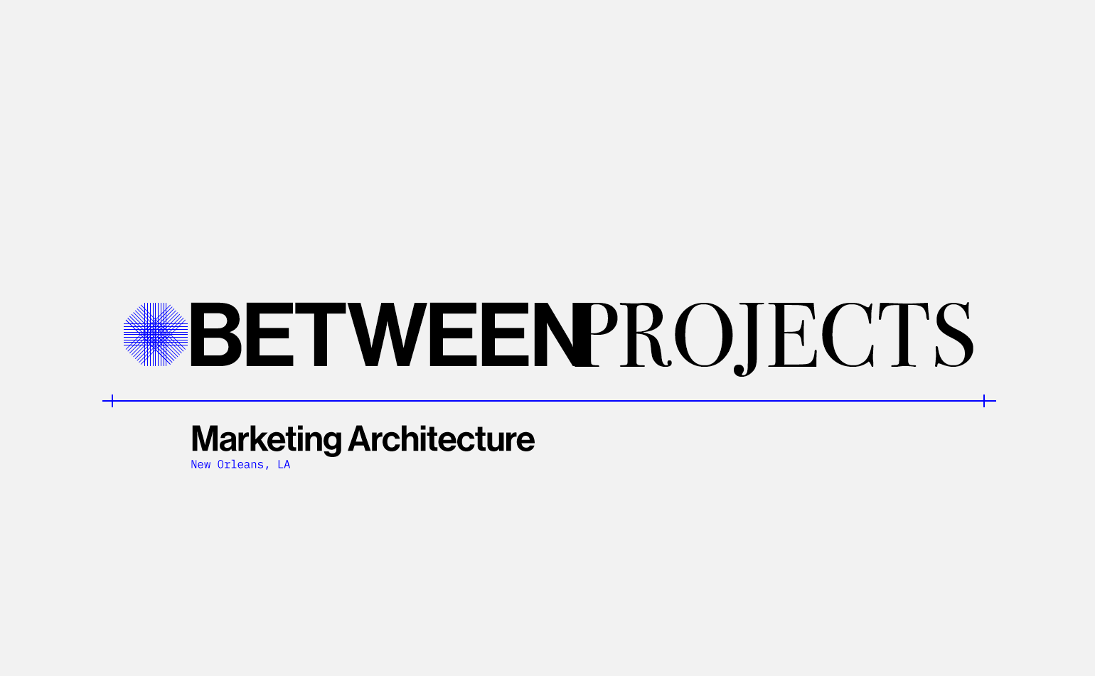 The final Between Projects brand concept with its wordmark, blue monogram, and Marketing Architecture descriptor