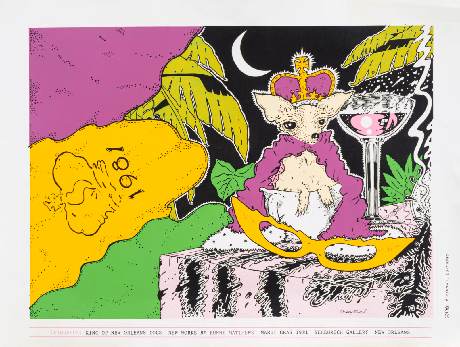 Bunny Matthews color illustration of a crowned cat in a purple robe, surrounded by a crescent moon, shoes, and a cocktail glass