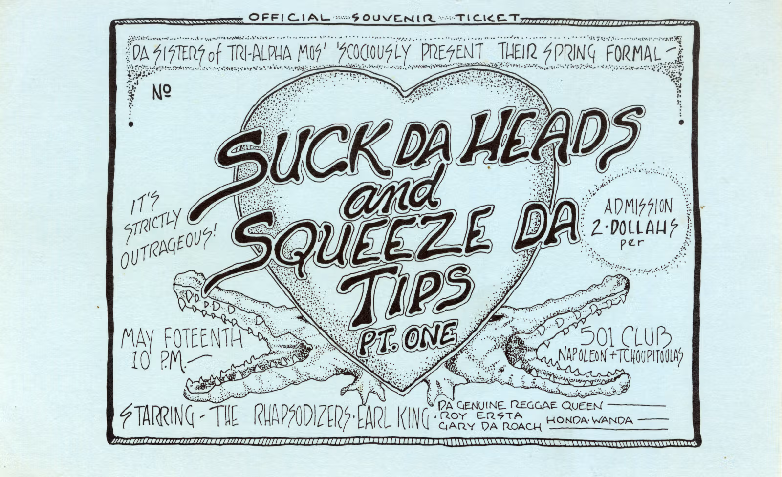 A pale blue illustrated souvenir ticket reading Suck Da Heads and Squeeze Da Tips, featuring two crawfish