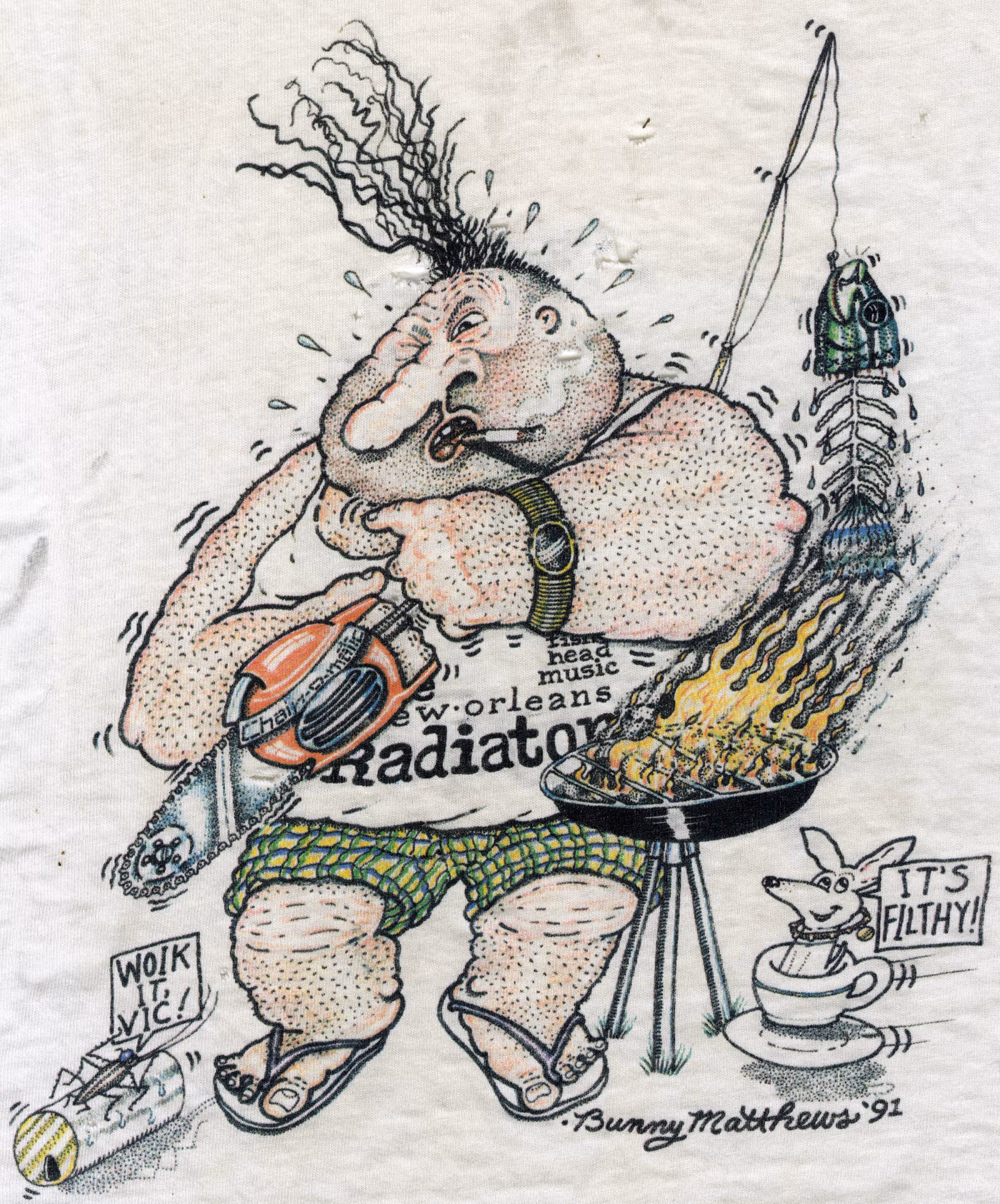 Bunny Matthews color drawing of a man in a New Orleans Radiators shirt beside a smoking grill, surrounded by a fishing rod and music equipment