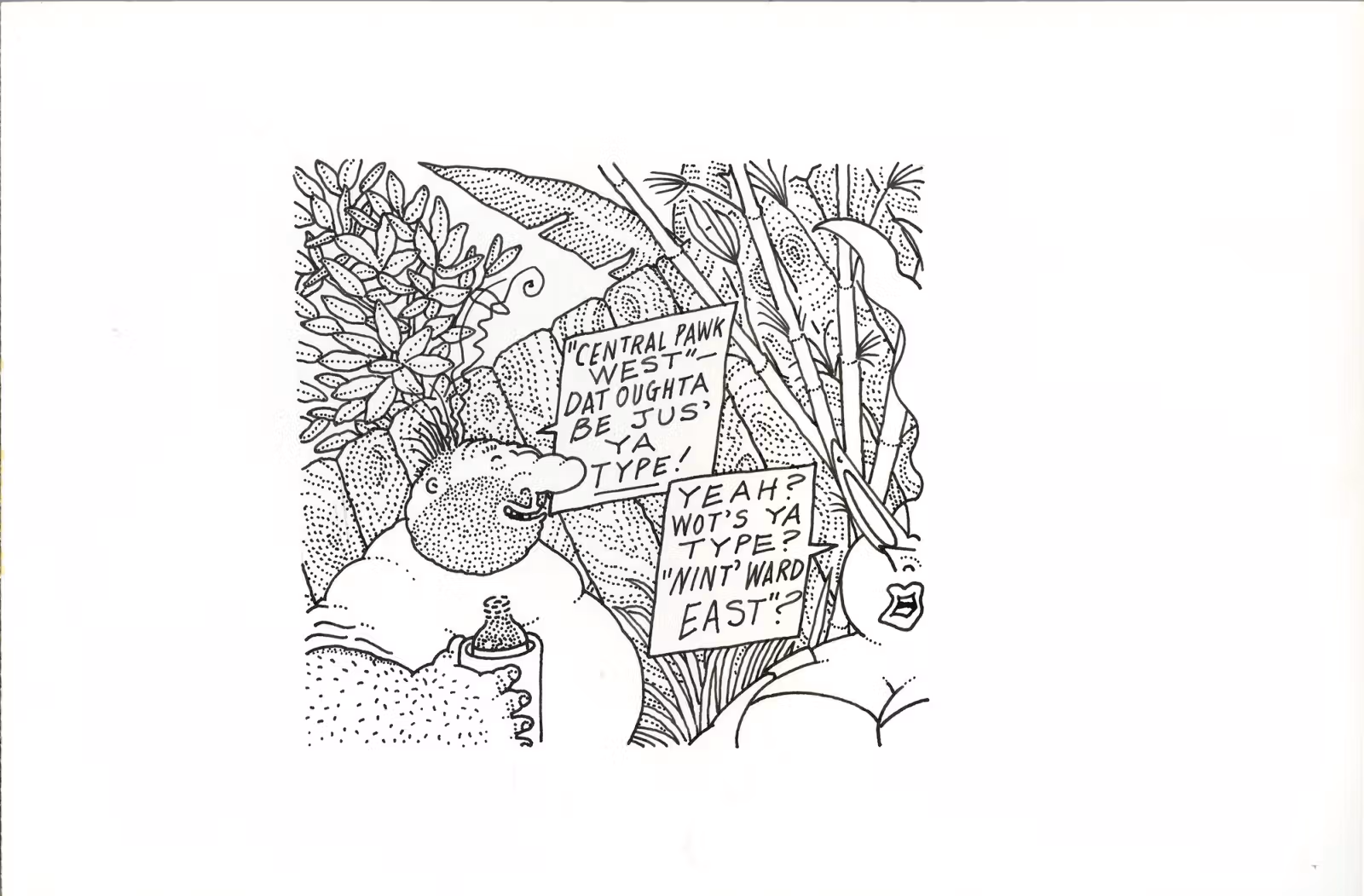 A black-and-white Bunny Matthews cartoon of two people discussing Central America and New Orleans among dense foliage