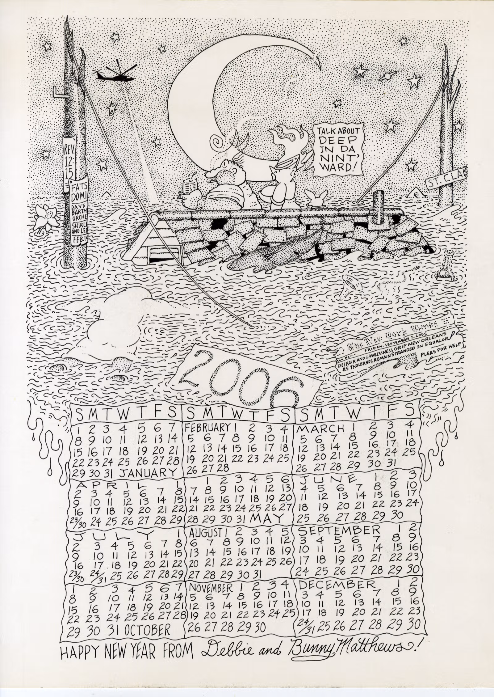 An illustrated 2006 calendar with two characters on a brick wall under a crescent moon and handwritten dates below