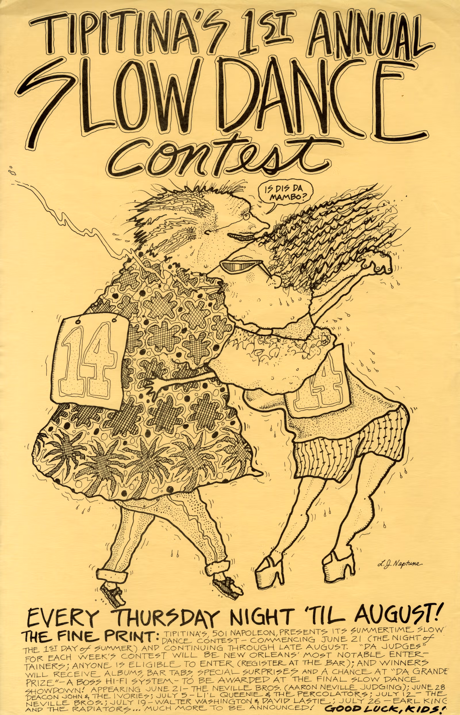 A yellow Tipitina’s first annual Slow Dance Contest poster featuring a dancing couple drawn by Bunny Matthews
