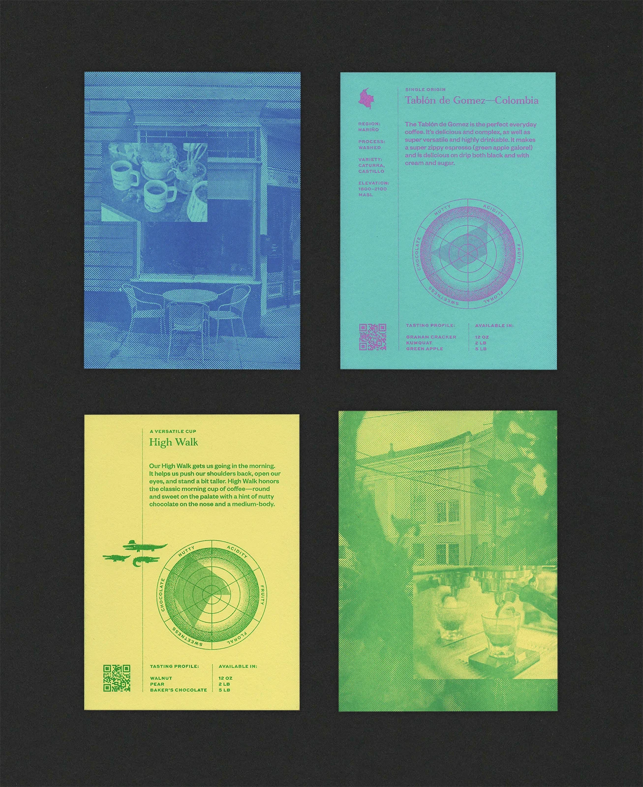 Four Congregation postcards in blue, green, and yellow arranged as a set
