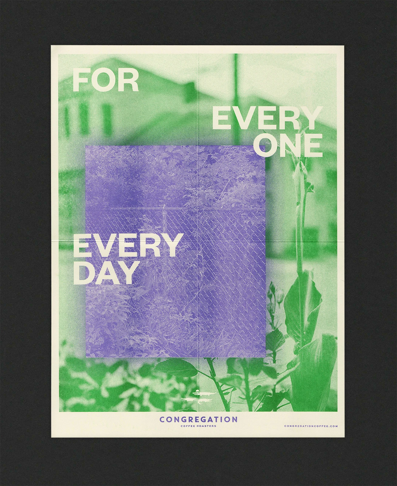 Green and purple Congregation poster reading For Everyone, For Every Day