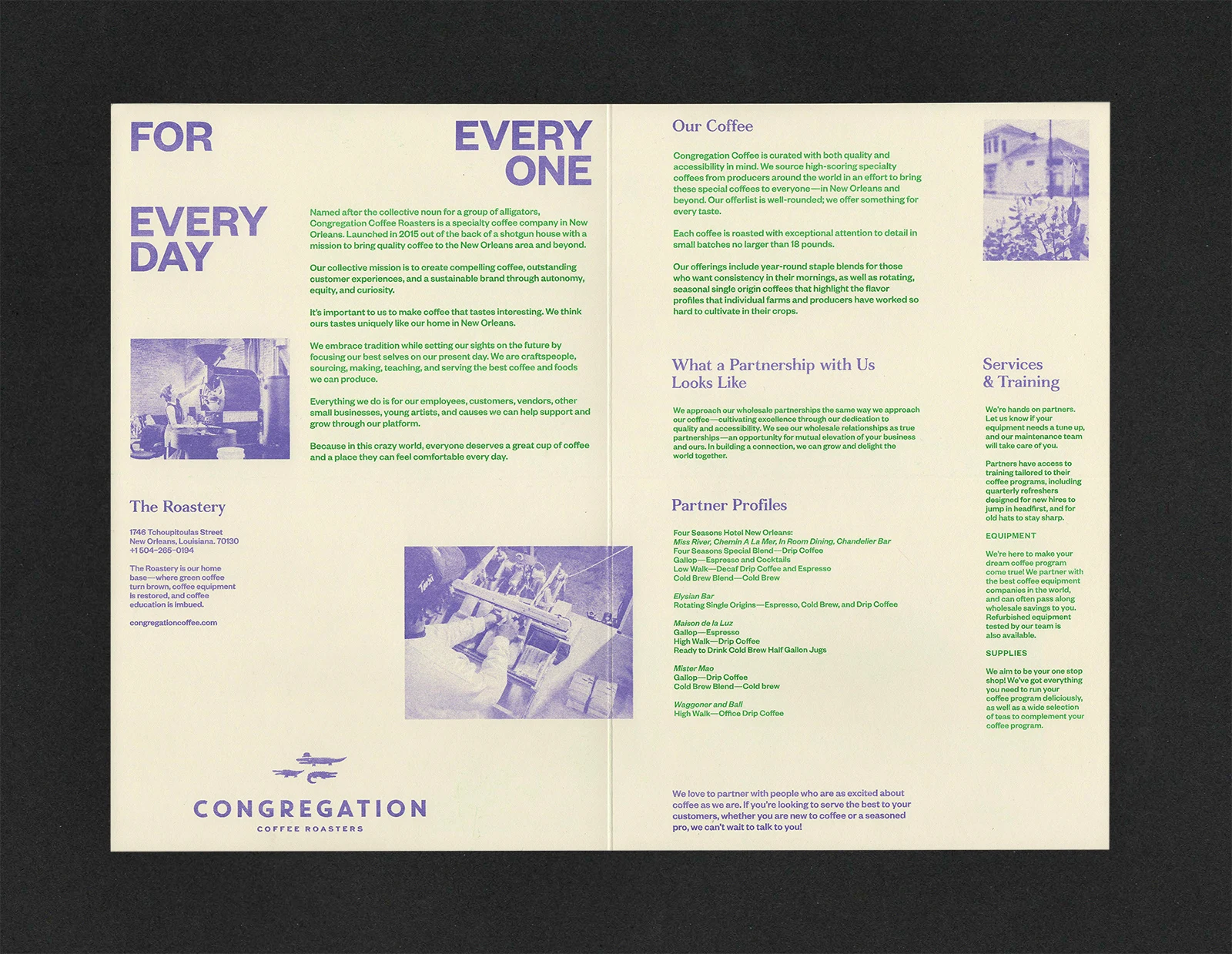 Congregation brand statement arranged with blue and green typography and photographic details