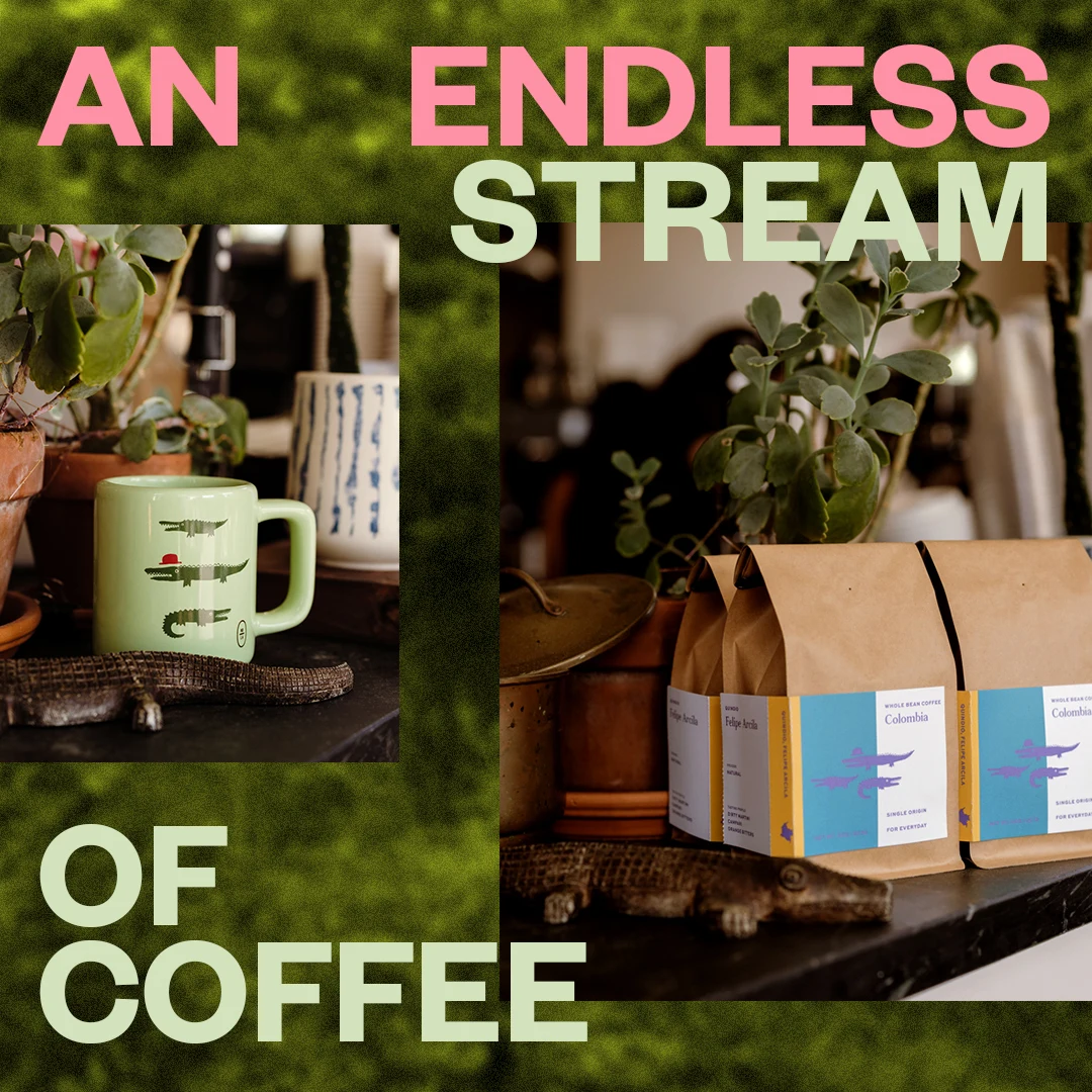Subscription campaign featuring coffee bags and the words An Endless Stream of Coffee