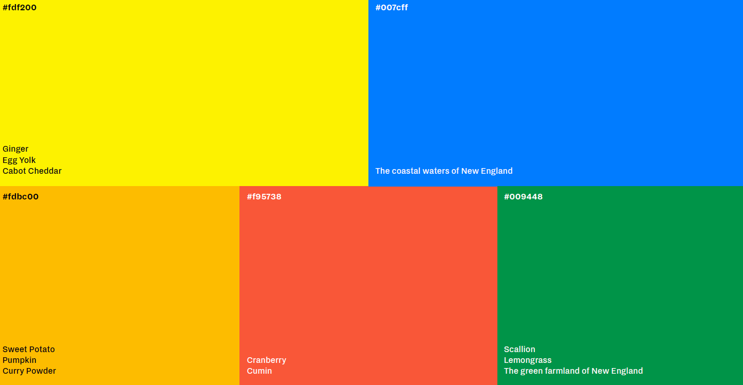 Mei Mei’s color palette of bright yellow, blue, golden yellow, coral, and green, with ingredient and New England references