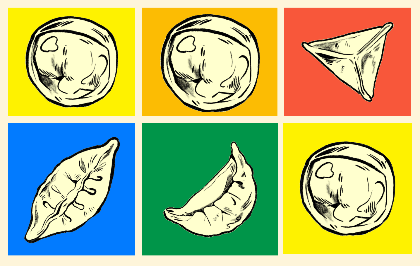 Six hand-drawn dumpling illustrations arranged on yellow, gold, coral, blue, and green backgrounds