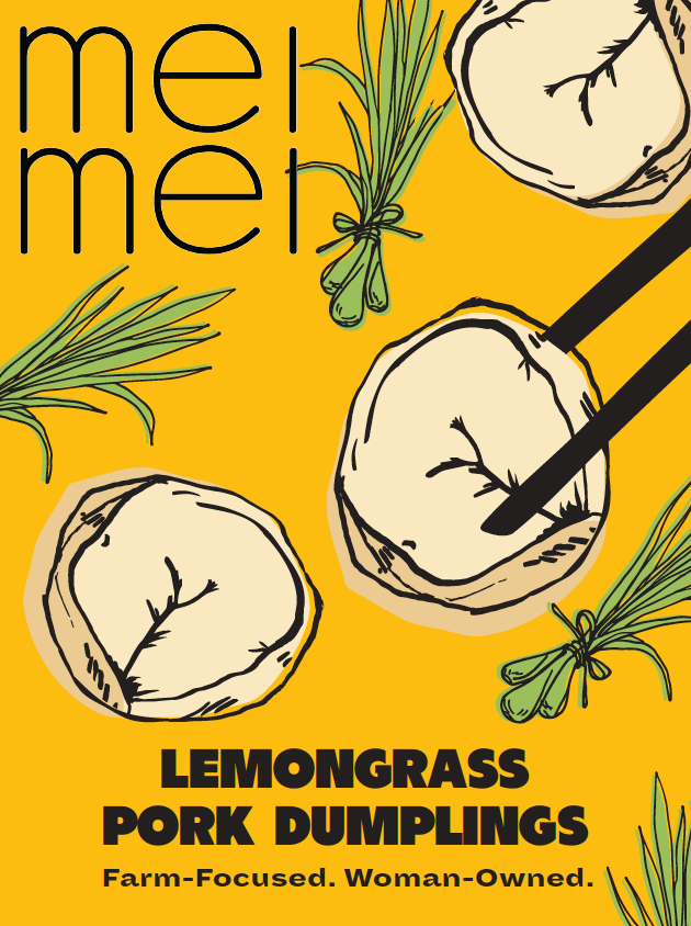 A golden yellow Mei Mei Lemongrass Pork Dumplings label with dumpling illustrations, lemongrass, and chopsticks