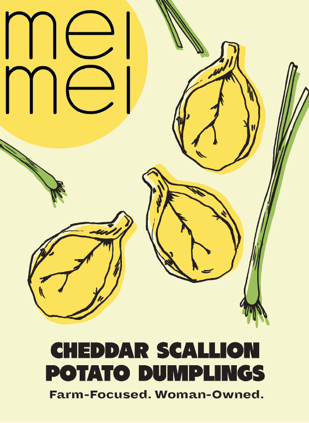 A pale yellow Mei Mei Cheddar Scallion Potato Dumplings label with illustrated dumplings and scallions