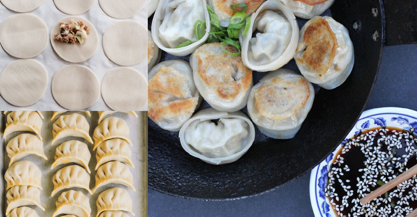 A collage of Mei Mei dumplings being filled and folded, golden dumplings in a skillet, and sesame dipping sauce
