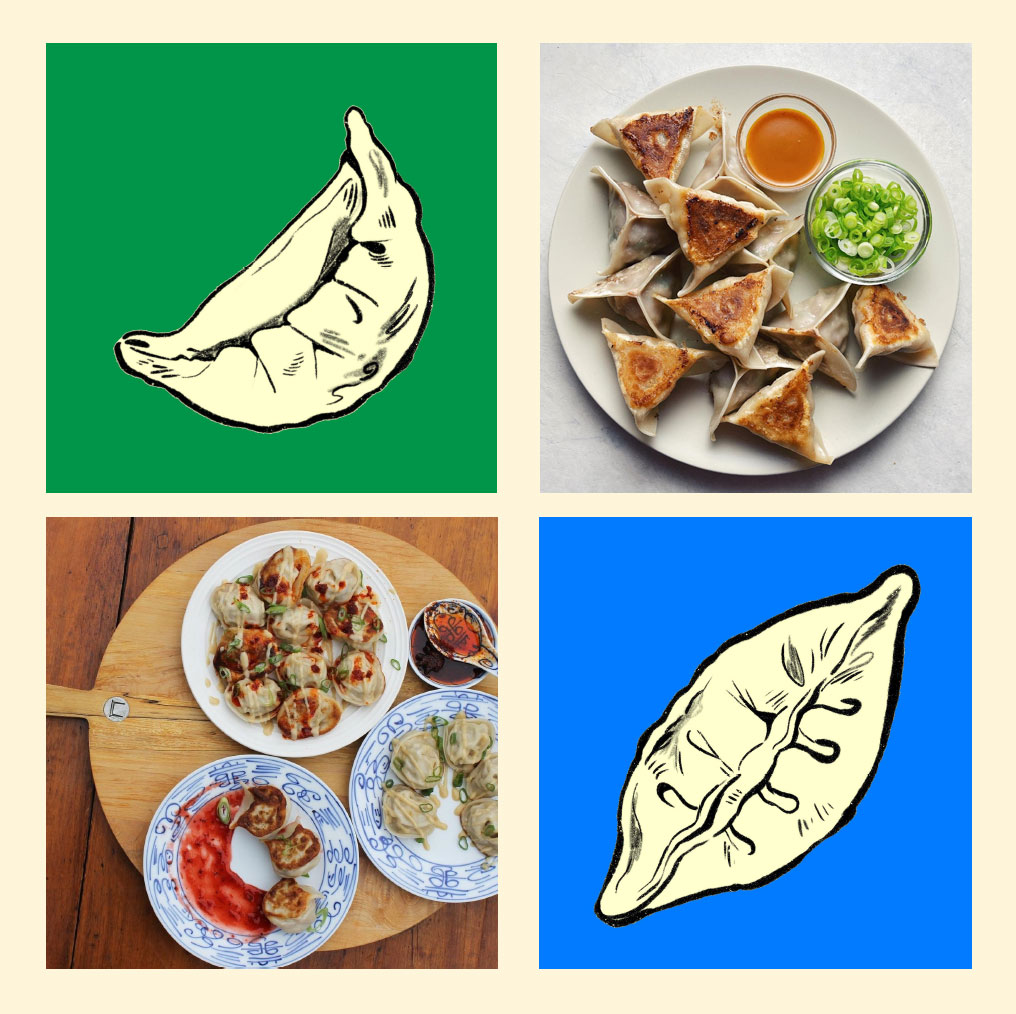 Mei Mei social graphics combining dumpling illustrations on green and blue backgrounds with overhead food photography