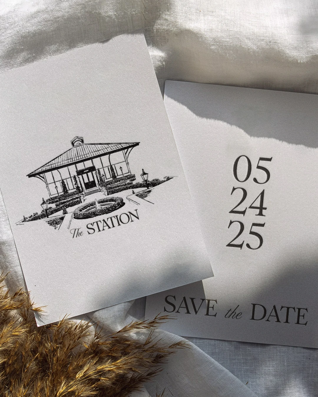 The Station wedding stationery with a venue illustration and save-the-date card