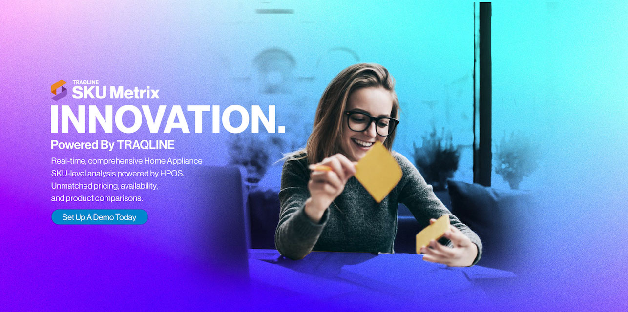 TraQline SKU Metrix campaign creative with Innovation. Powered by TraQline messaging beside a woman holding a yellow color sample, over purple and blue gradients