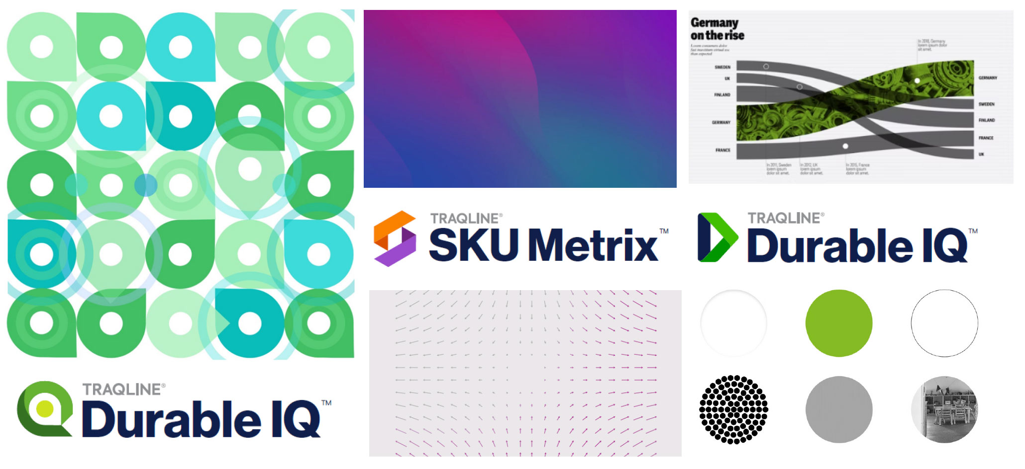 TraQline brand exploration board combining green geometric patterns, gradient textures, and alternative Durable IQ and SKU Metrix identities
