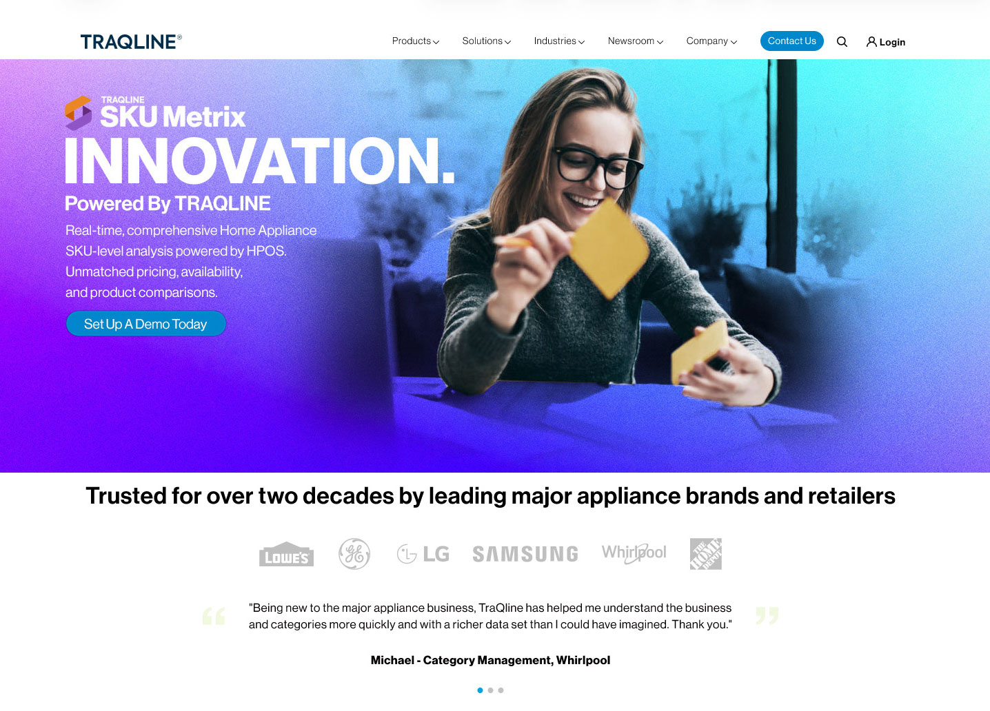 TraQline website showing the SKU Metrix Innovation campaign, a demo call to action, customer brand logos, and a testimonial below the campaign banner