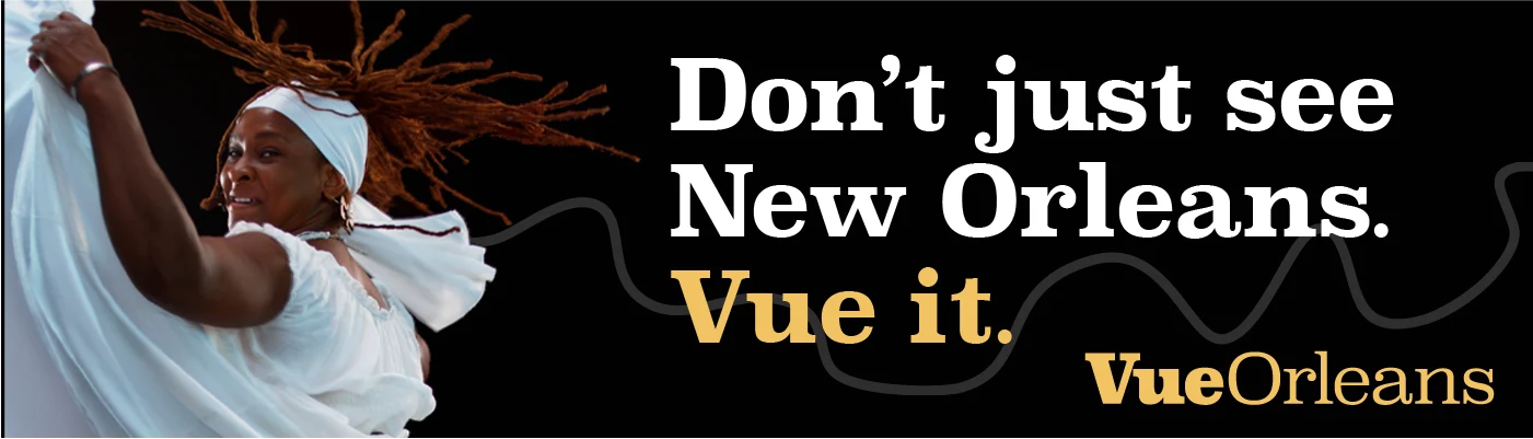 Vue Orleans campaign banner featuring a dancer in a flowing white dress